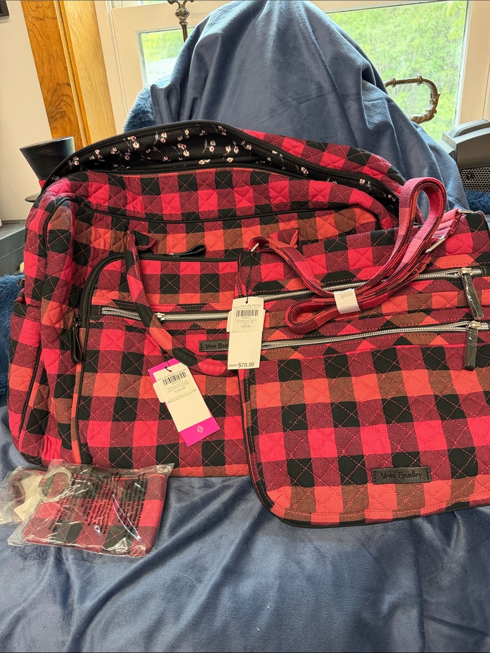 Vera Bradley Red Black Buffalo Plaid with Matching Pouch Badge lanyard ID case